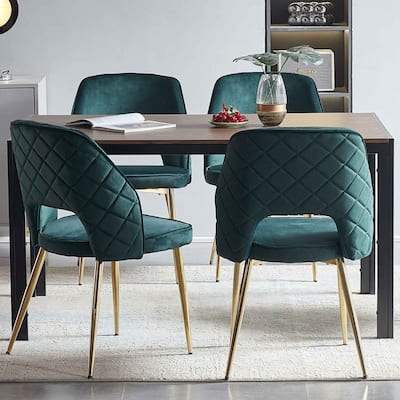 Dark Green Velvet Dining Chairs with Metal Legs and Hollow Back Upholstered Dining Chairs Set of 4
