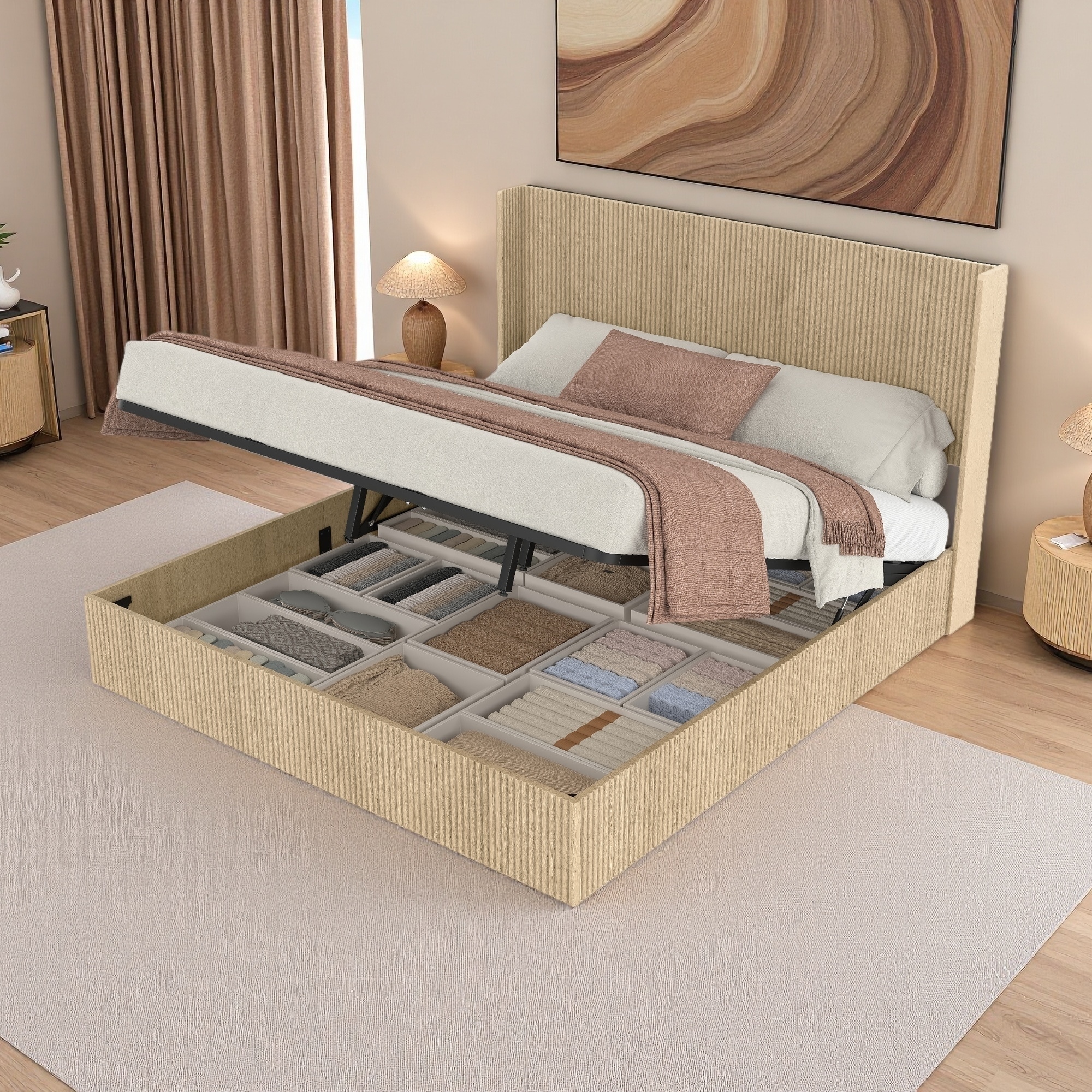 King Wooden Storage Platform Bed with Hydraulic Lift, Large Storage, No Box Spring, Noise-Free