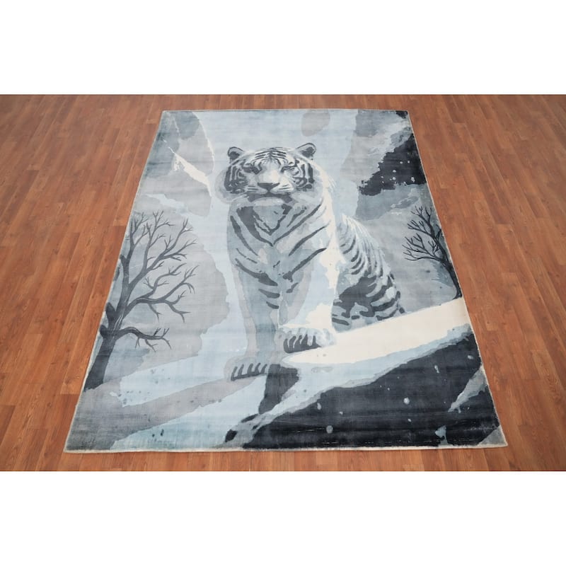 Hand Knotted Oriental Viscose Silk Carpet Modern Animal Pictorial Greys & Charcoal Abstract Area Rug - 7' 10'' X 5' 10''