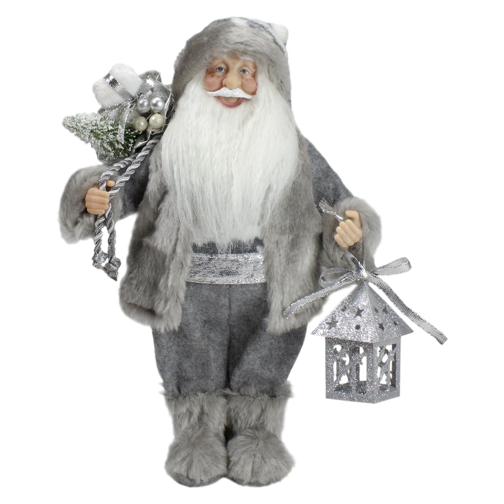12" Gray White Standing Santa Claus Christmas Figurine Bag Lantern