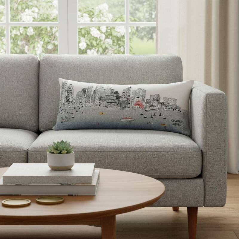 HomeRoots 14" X 35" Cream Boston Daylight Skyline Lumbar Decorative Pillow