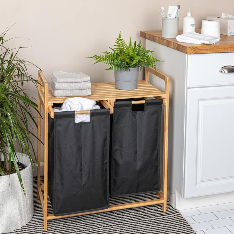 Household Essentials Bamboo Pull Out Double Hamper with Shelf - 25.4"L x 13.0"W x 28.7"H - Black
