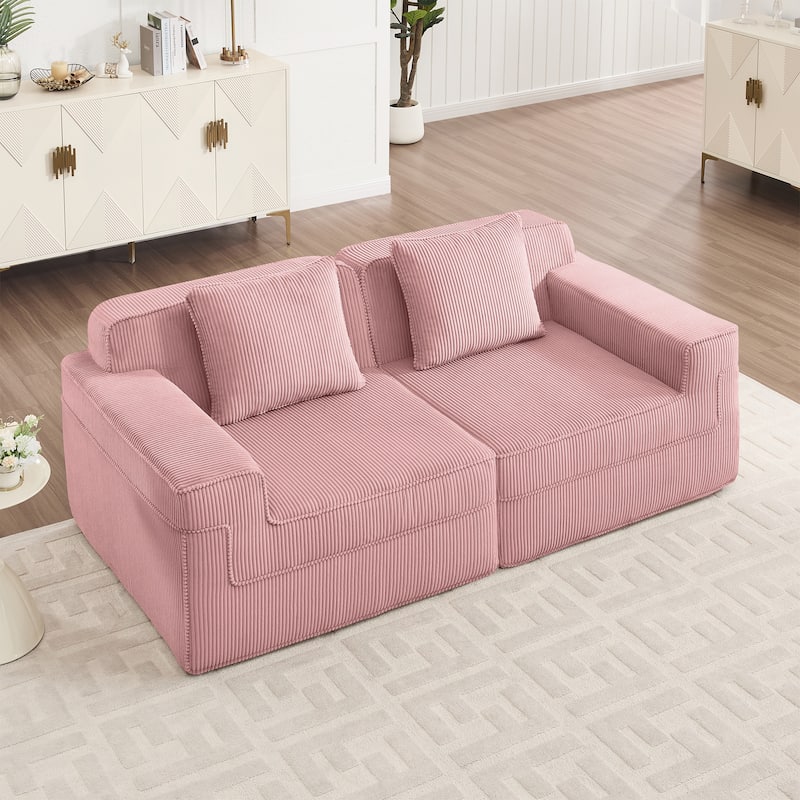Modular 2-Seat Boneless Sofa, Modern Sectional Couch with Deep Seats, Wide Armrests, Corduroy Loveseat with Throw Pillows - Pink