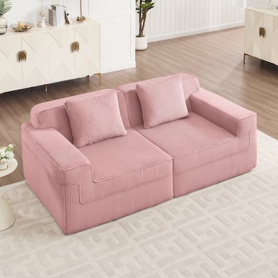 Modular 2-Seat Boneless Sofa, Modern Sectional Couch with Deep Seats, Wide Armrests, Corduroy Loveseat with Throw Pillows