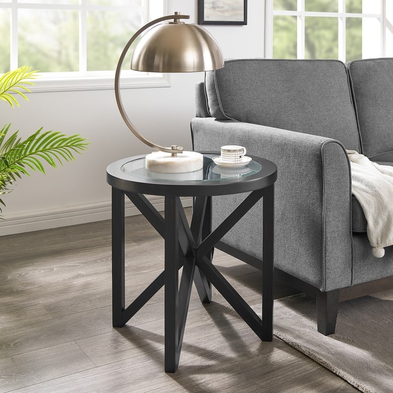 Modern Round Glass Coffee Table with Solid Wood Base - Tempered Glass Top for Living Room, Terrace, Study