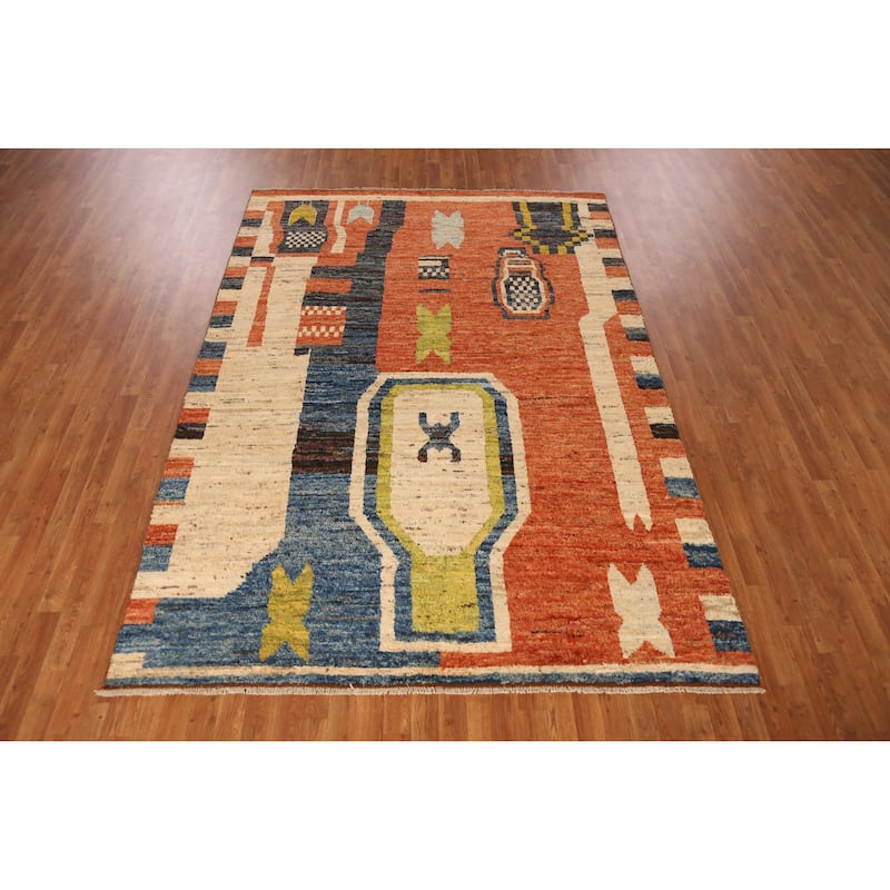 Orange Moroccan Oriental Area Rug Hand-Knotted Bedroom Wool Carpet - 6'10" x 9'7"