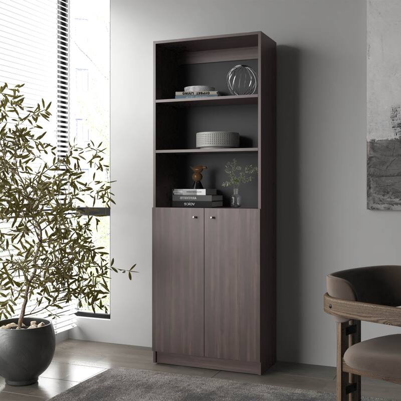 Stained Walnut Bookcase with Open Storage and 2 Doors - Walnut