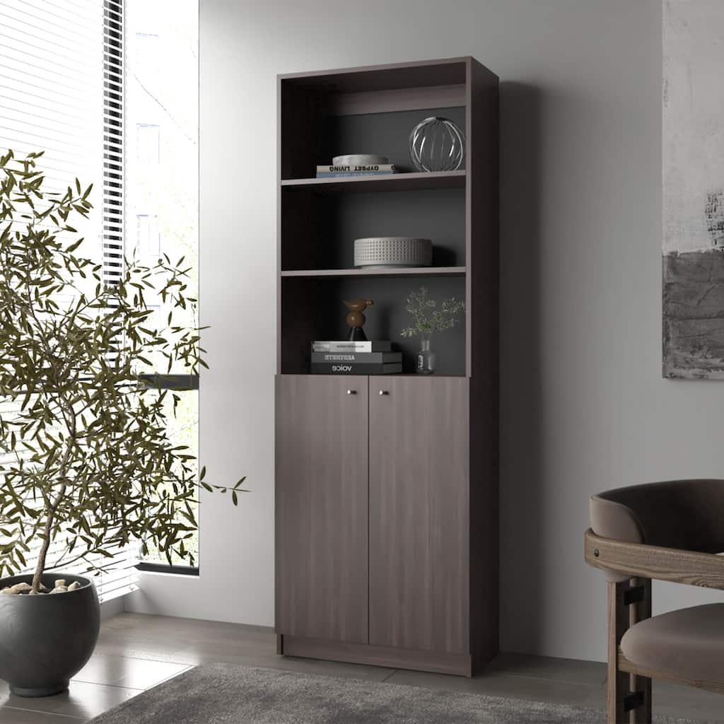 Stained Walnut Bookcase with Open Storage and 2 Doors