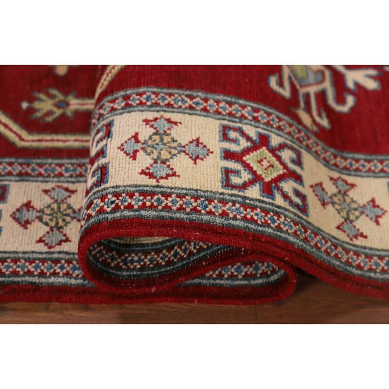Red Geometric Kazak Runner Rug Handmade Oriental Wool Carpet - 2'9" x 10'1"