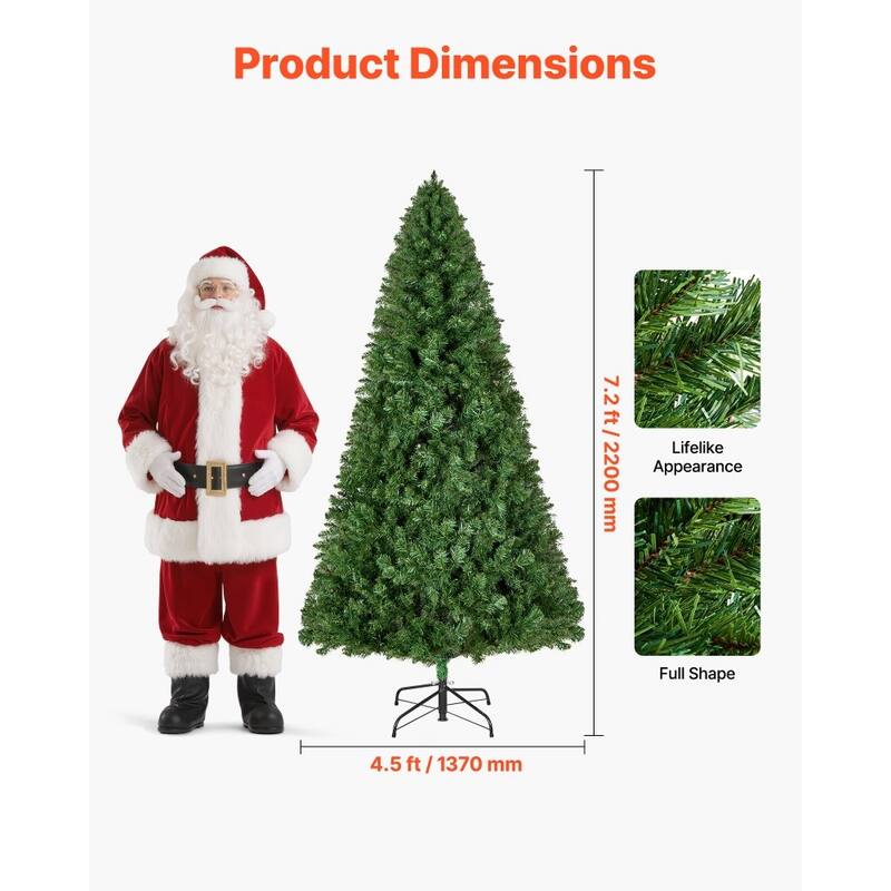 Green PVC and Iron 7.2x4.5 ft Artificial Christmas Tree with 1346 Lifelike Branches - 4.5 x 7.2 ft