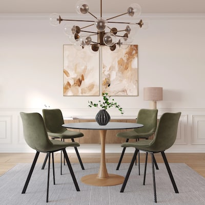 Bristol 35" Round Dining Table with Sintered Stone Top and Natural Wood Steel Pedestal Base for Modern Kitchen and Dining Room