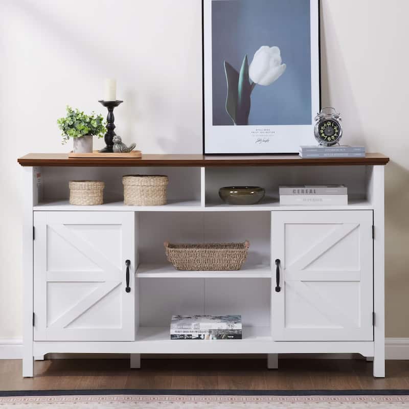 Homy Casa Farmhouse Sideboard Buffet Cabinet, Hinged Barn Doors, White 58''