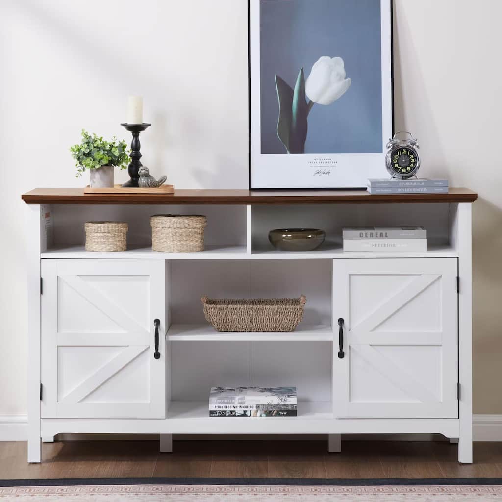 Homy Casa Farmhouse Sideboard Buffet Cabinet, Hinged Barn Doors, White 58''