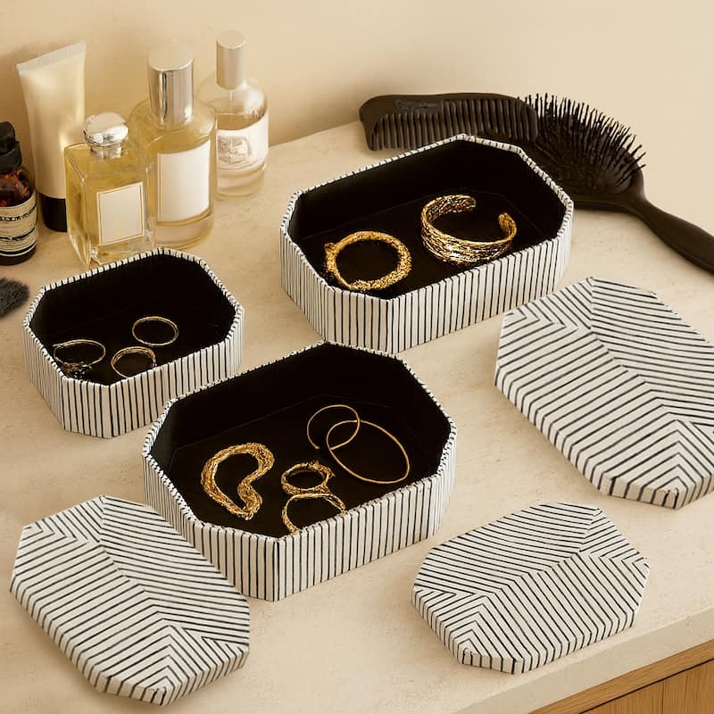 Striped Decorative Box with Lid - Set of 3, 10", 11", 12", White - 12.0"