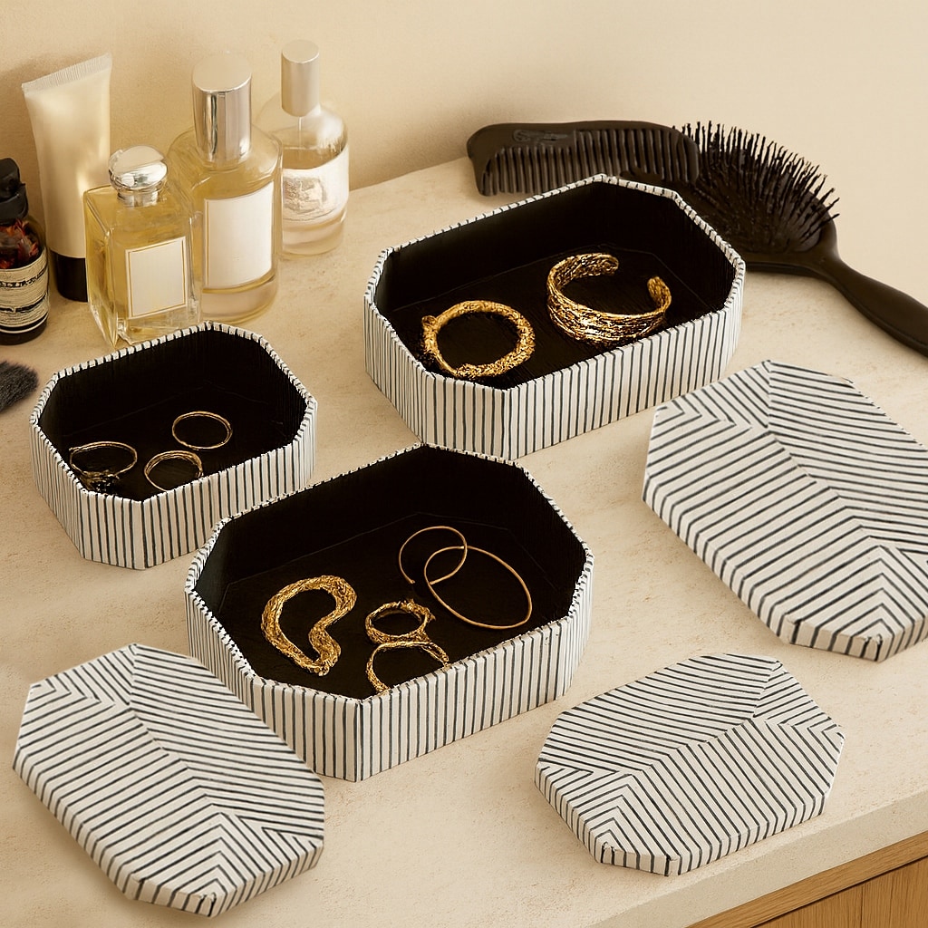 Striped Decorative Box with Lid - Set of 3, 10", 11", 12", White - 12.0"