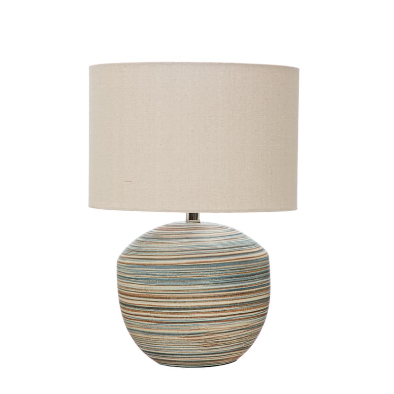 Stoneware Table Lamp with Stripes and Linen Shade - 15.0"L x 15.0"W x 20.0"H