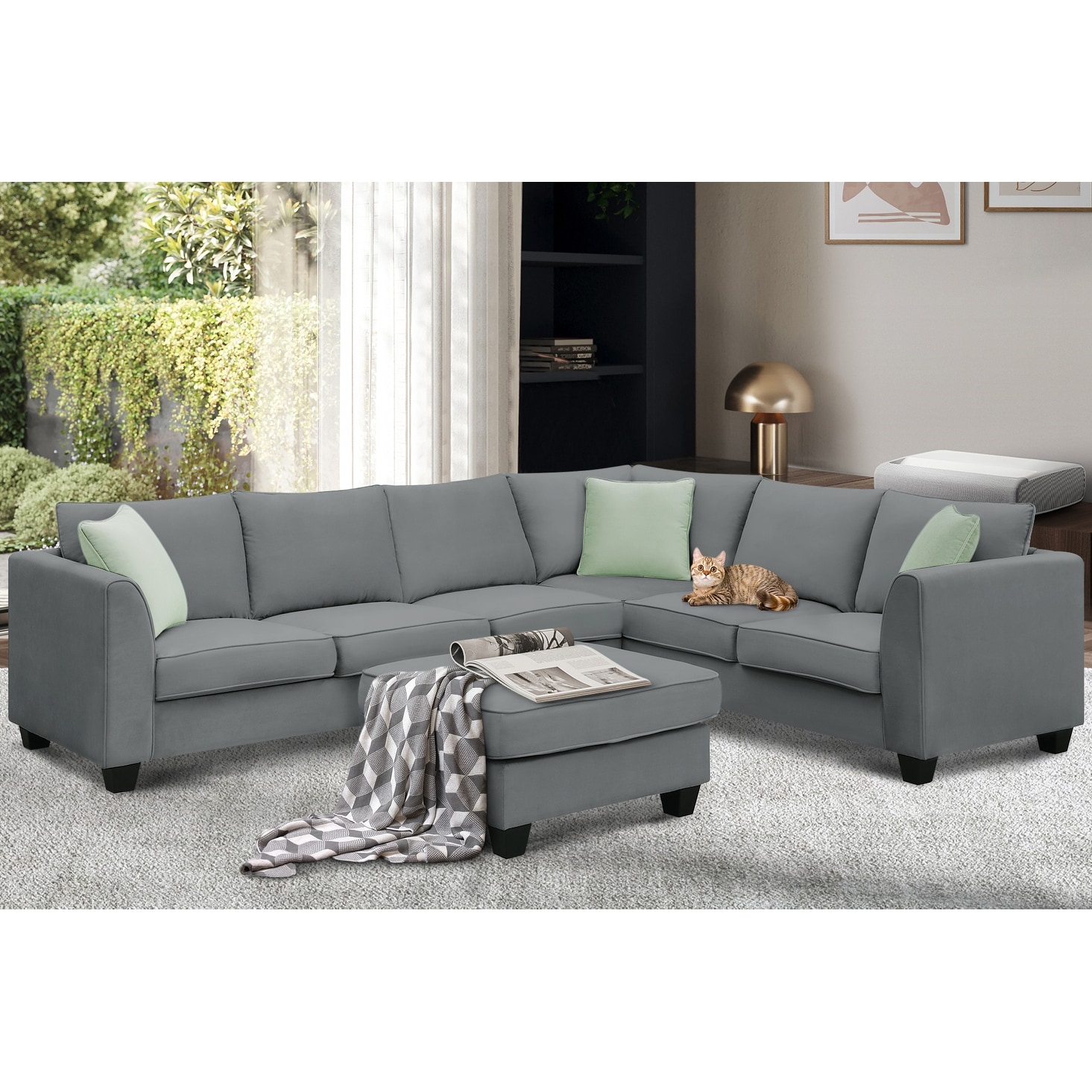 7 Seats Sectional Sofa Set L shape Fabric Corner Couch Set for