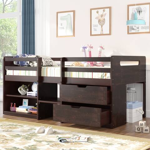 Modern Design Twin Size Loft Bed with Two Shelves and Two Drawers, Solid Pine Wood and High Quality MDF Suitable for Bedroom