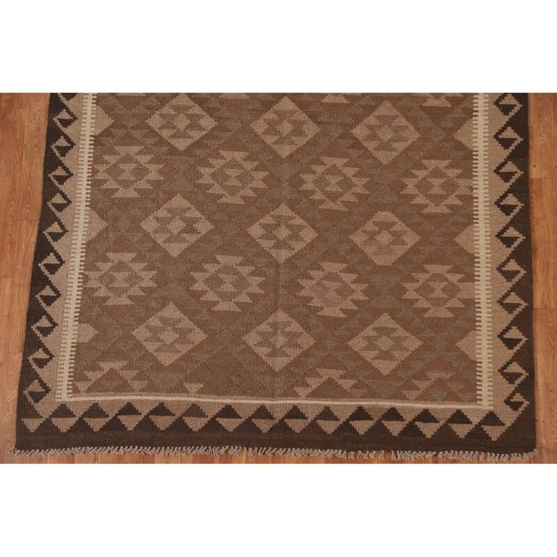 Brown Kilim Reversible Area Rug Flat-weave Living Room Wool Carpet - 5'4" x 8'2"
