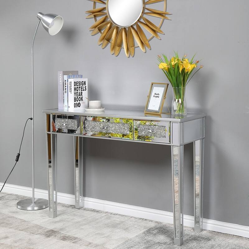 Silver MDF Mirror Broken Glass Surface Three Drawer Computer Desk