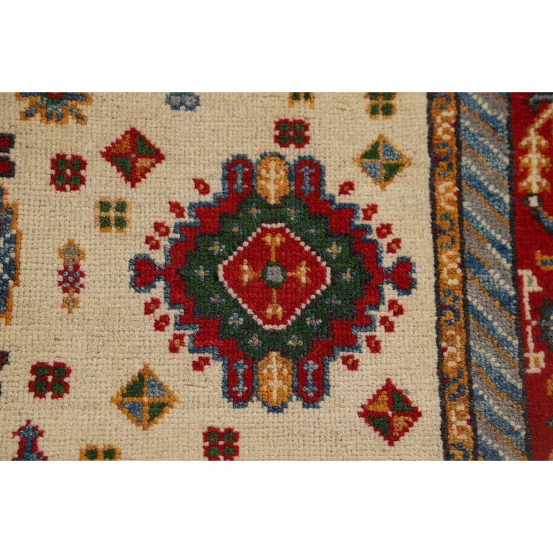 Traditional Kazak Foyer Rug Handmade Beige Geometric Wool Carpet - 3'4" x 4'11"