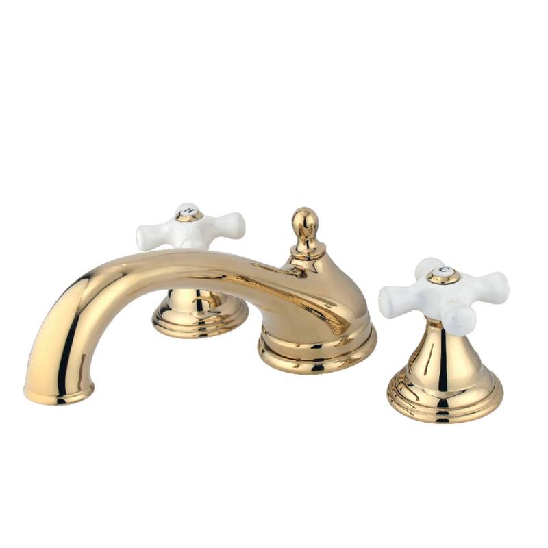 Kingston Brass Vintage Deck Mounted Roman Tub Filler with Cross - Polished Brass