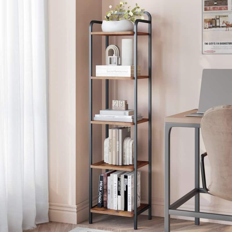 Narrow Book Shelf - 13"D x 11.8"W x 54"H - Rustic Brown and Black
