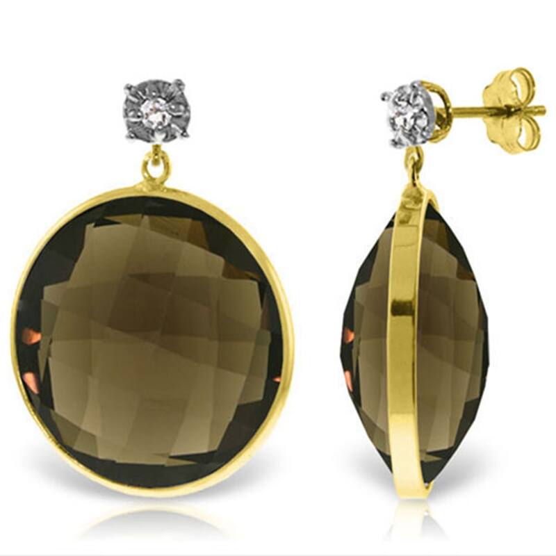 14K Solid Gold Diamonds Stud Earrings w/ Checkerboard Cut Smoky Quartz - Yellow
