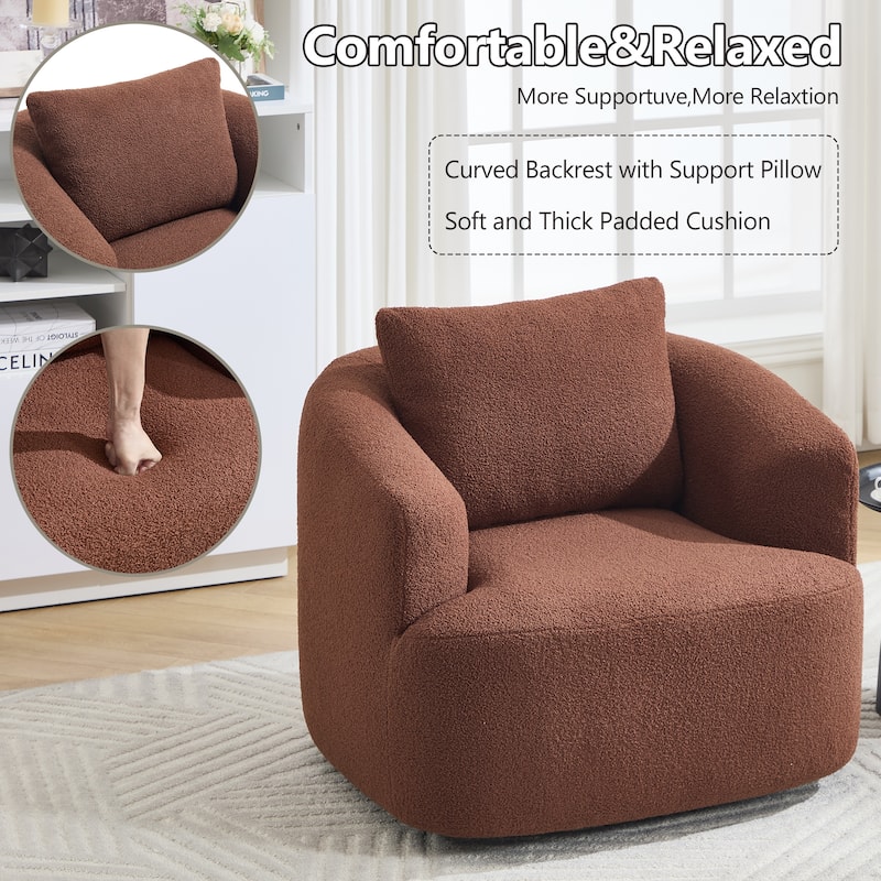 360°Swivel Round Upholstered Comfy Chair With One Soft Pillow, Teddy Fleece High-Resilience Sponge Single Sofa