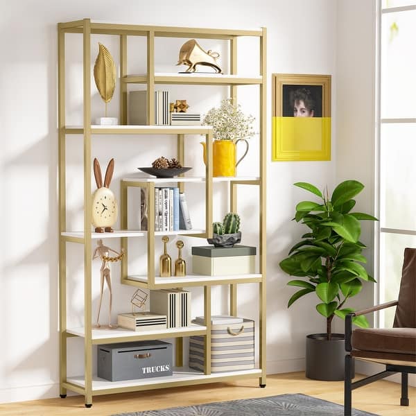 slide 2 of 25, Vintage Brown/ Black 8-Shelf Etagere Bookcase, White Modern Bookshelves with Storage, Tall Display Rack White/Gold