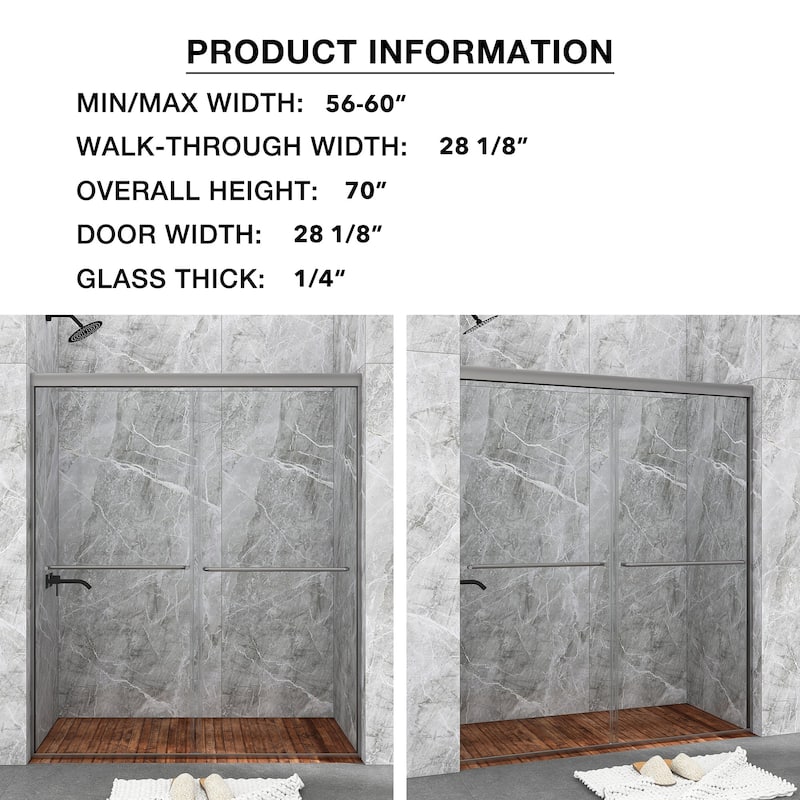48/54/60 Inch Double Sliding Framed Shower Door with Clear Tempered Glass