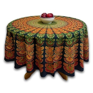 Sanganer Peacock Mandala 72 Cotton Tablecloth Blue