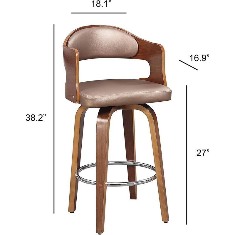 Wood and Faux Leather Black Mid-Century 27-Inch Counter Seat Height Swivel Barstool