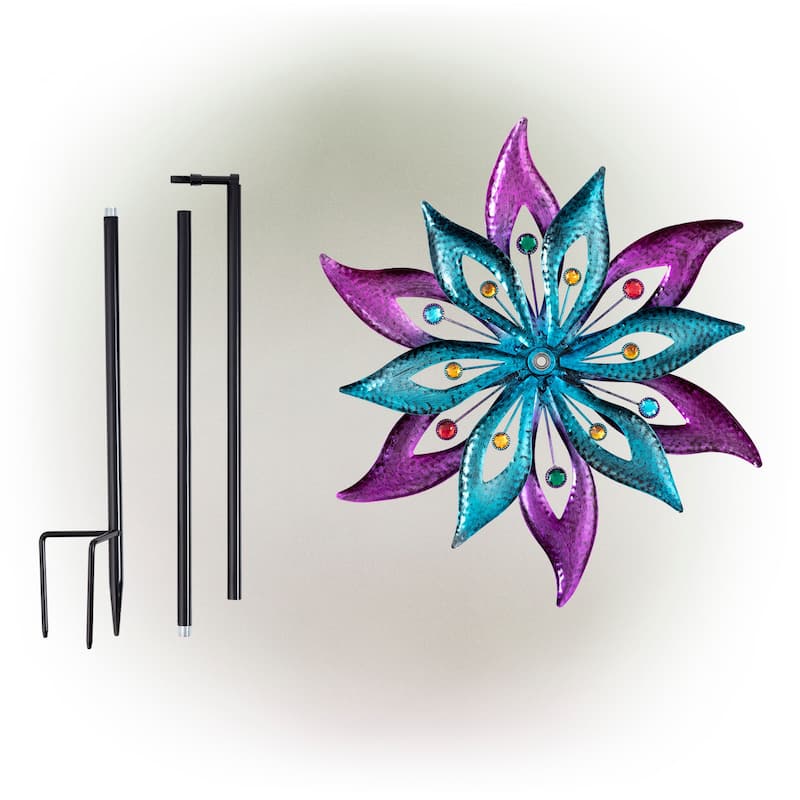 Alpine Corporation 64" Tall Outdoor Floral Windmill Stake with Gems Kinetic Spinner, Purple and Aqua