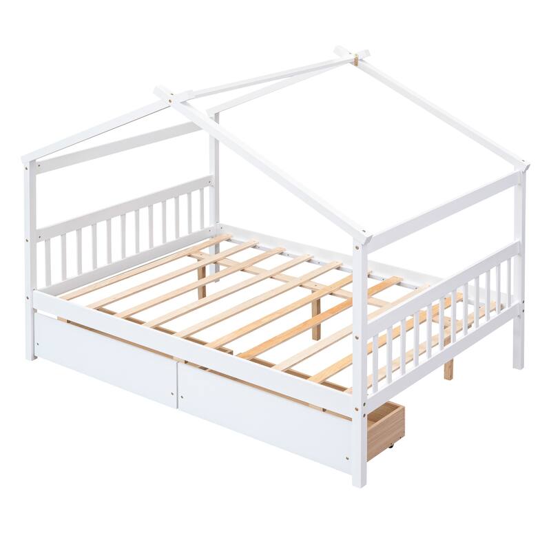 Full Size Wooden House Bed with 2 Drawers, Pinewood Frame, Kids Daybed, No Box Spring Needed