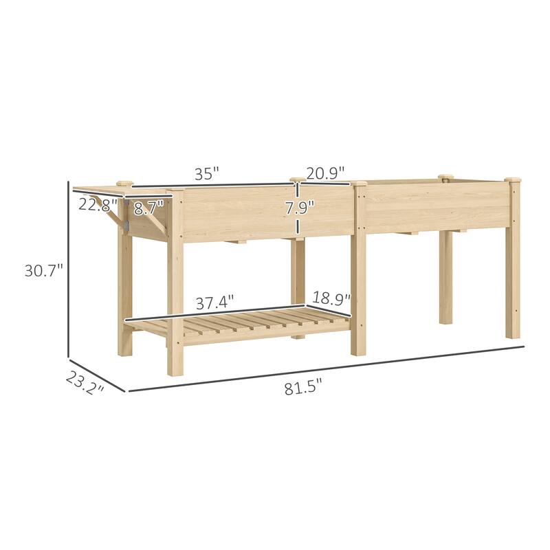 Fir Wood Raised Garden Bed with Bottom Shelf and Moisture-Retaining Liners Foldable Side Table - 81.5" W x 23.2" D x 30.7" H