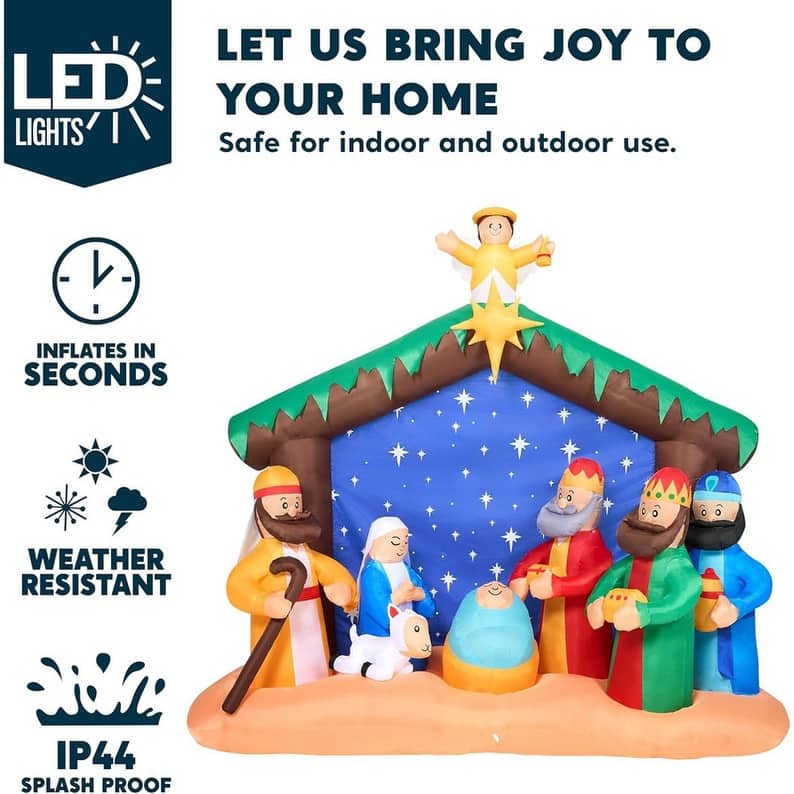 8 FT Long Christmas Inflatables Nativity Scene, Christmas Blow Up Nativity Set with Build-in LEDs - Multicolor