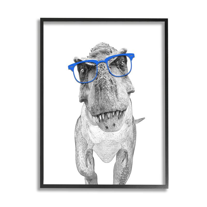 Stupell Adorable Monochrome T-Rex Dinosaur Blue Glasses Illustration by Annalisa Latella Framed Wall Art