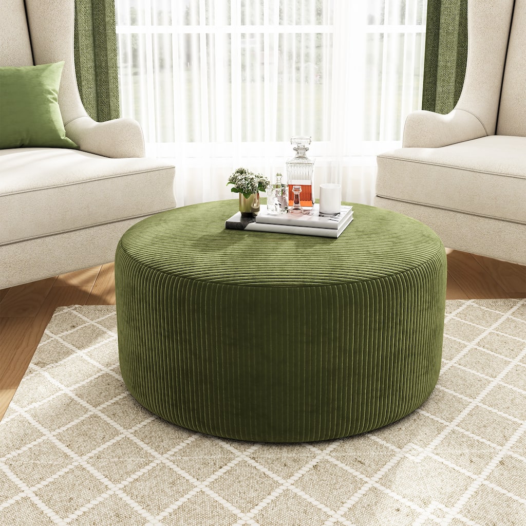 Corduroy Upholstered Round Ottoman - Olive Green Stylish Accent Table