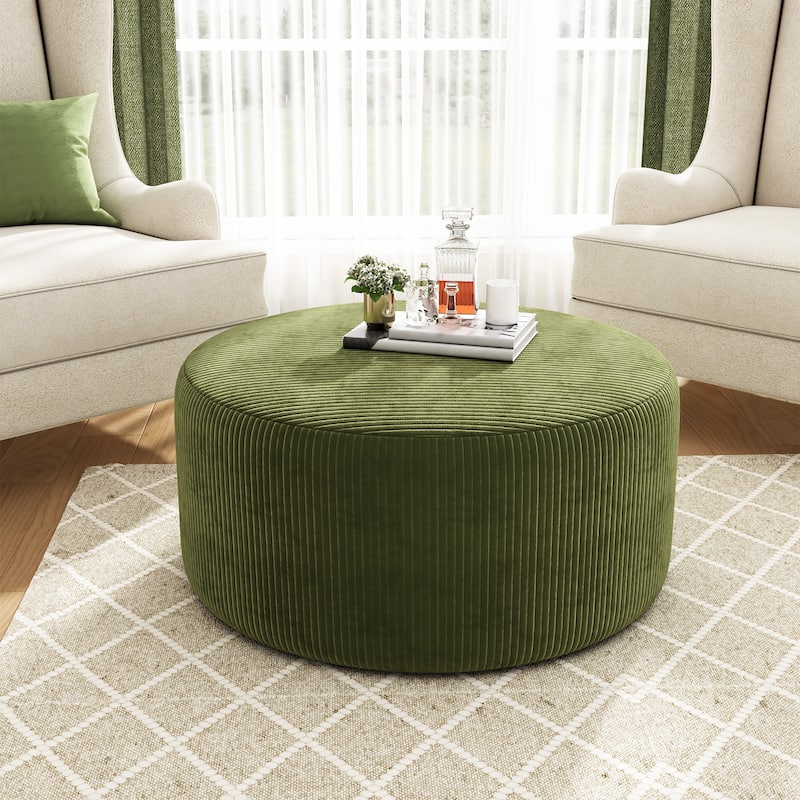 Roomfitters Upholstered Round Ottoman with Corduroy Fabric, Modern Coffee Table Footrest for Living Room - Olive Green