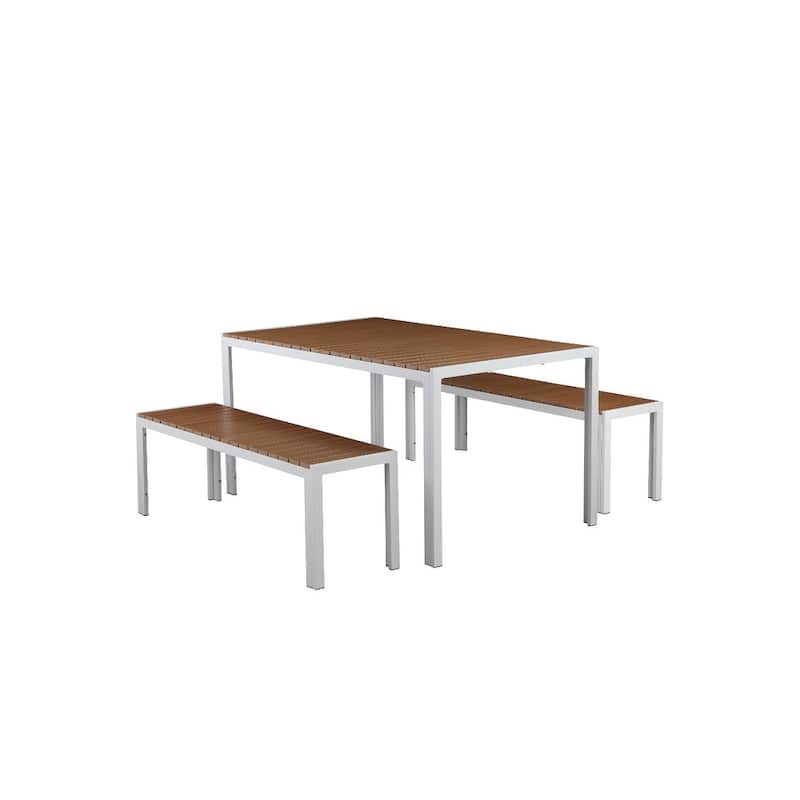 Plain and Contemporary Anodized Aluminum Table and Bench Set in White (Set of 3)
