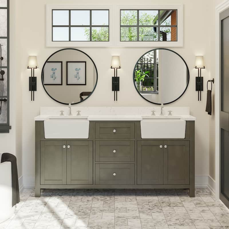 KitchenBathCollection Yorkshire 72" Farmhouse Double Bathroom Vanity with Engineered Marble Top - Weathered Gray