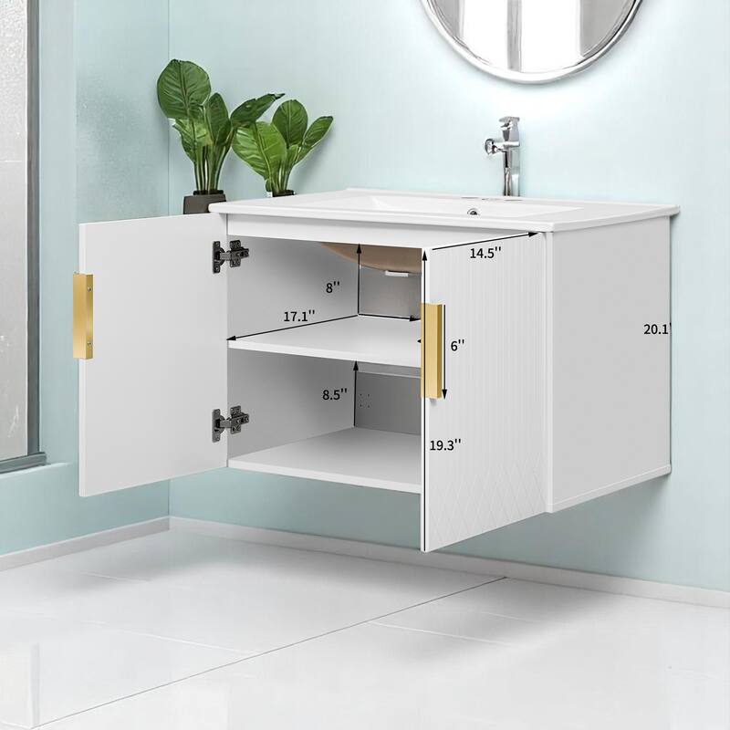 30 Inch Floating Bathroom Vanity with Ceramic Basin, Dual Doors, Adjustable Shelf, Solid Wood Frame Cabinet