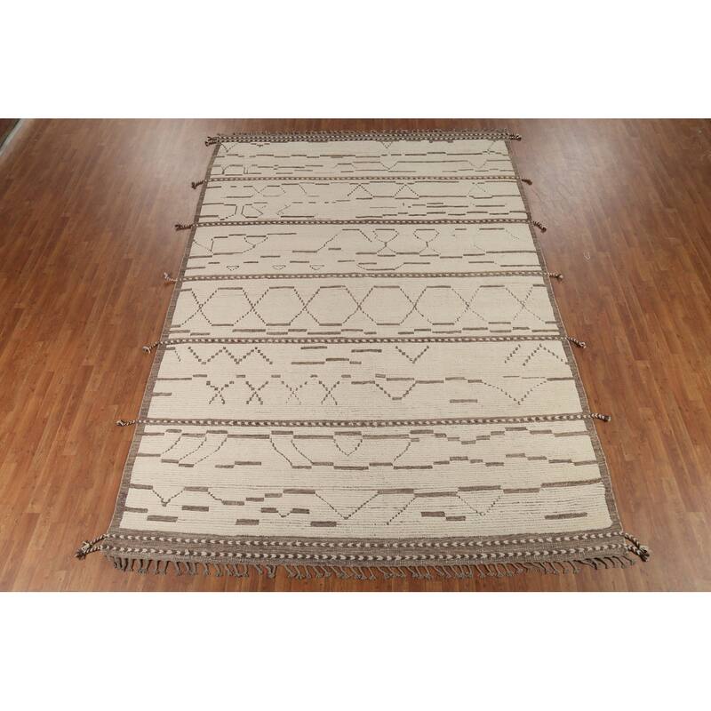 Ivory Moroccan Abstract Area Rug Handmade Wool Carpet - 8'10"x 12'8"