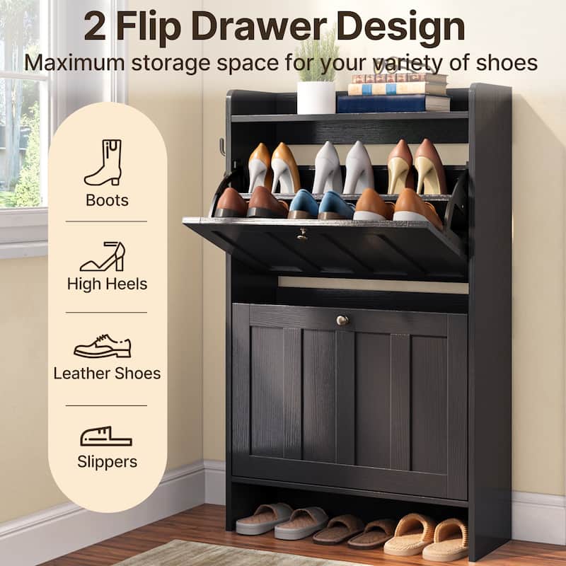 Shoe Cabinet with Flip Drawers, Slim Shoe Storage Cabinet for Entryway, Freestanding Narrow Rack with Open Storage