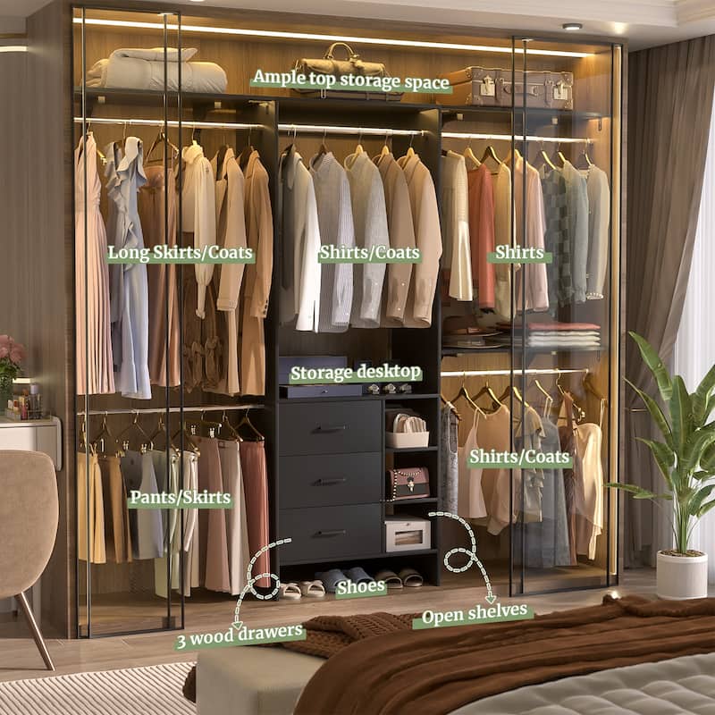 Rackcog 96'' W Closet Organizer with Drawers and Hanging Rods, Wardrobe Closet System (can be cut to fit)