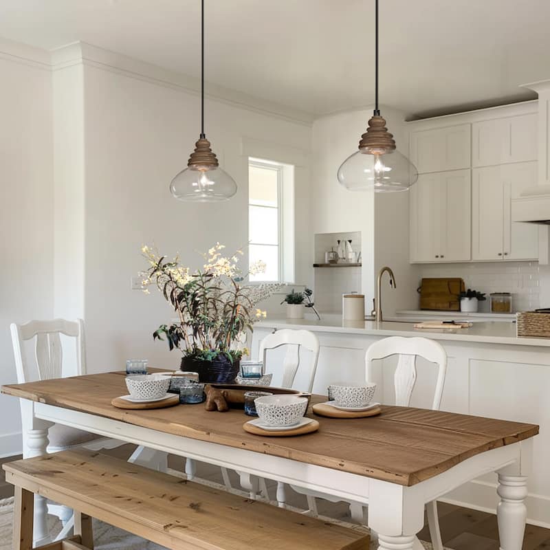 Modern Farmhouse 1-Light Wood Pendant Glass Lights for Kitchen Island