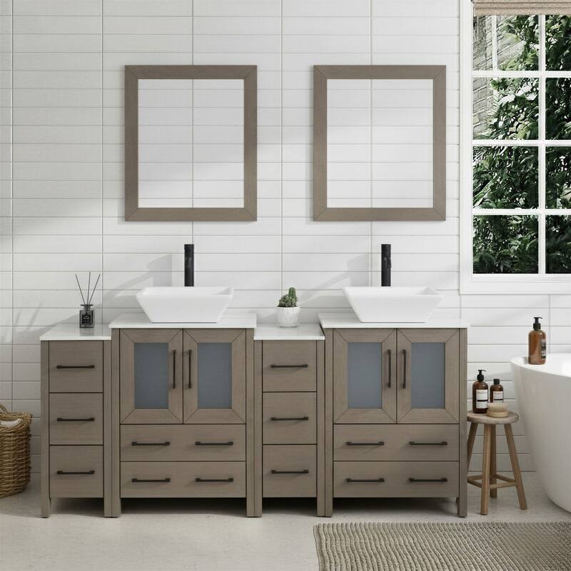 Vanity Art 72" Double Sink Bathroom Vanity Set with Engineered Marble Top and Free Mirror - 72 W X 18.5 D X 31.1 H - Driftwood Gray