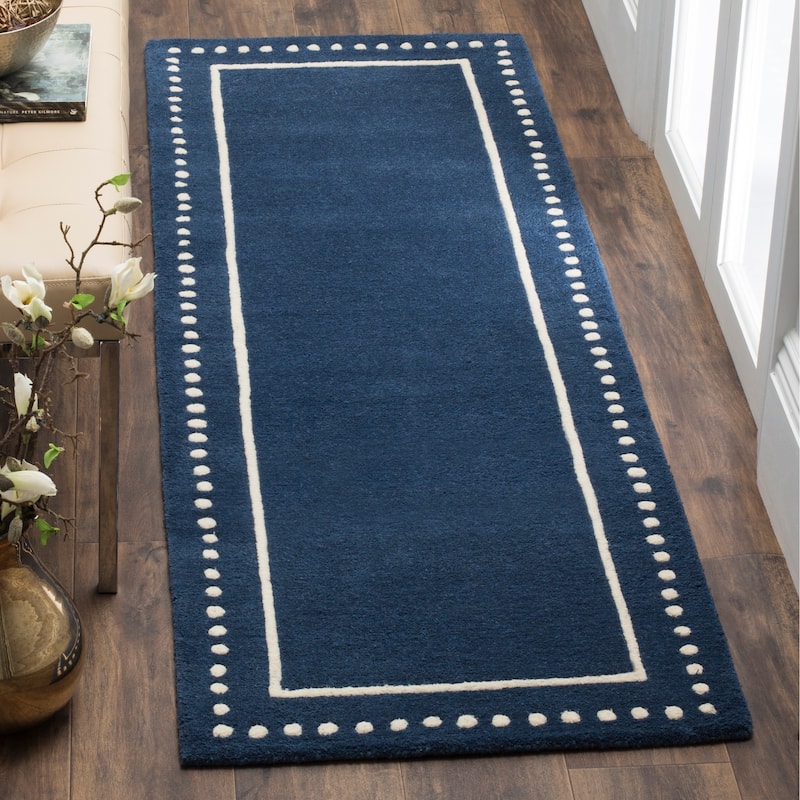 SAFAVIEH Handmade Bella Alverta Dotted Border Wool Rug - 2'3" x 7' Runner - Navy Blue/Ivory
