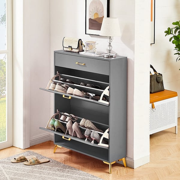 Shoe Storage Cabinet For Entryway, Slim Shoe Organizer With Two Flip Drawers Narrow Rack Wood Legs Farmhouse Hidden Front Door Entrance Rustic Brown